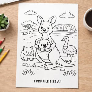 Australian Animals Coloring Page for Kids – Cute Kangaroo & Koala ...