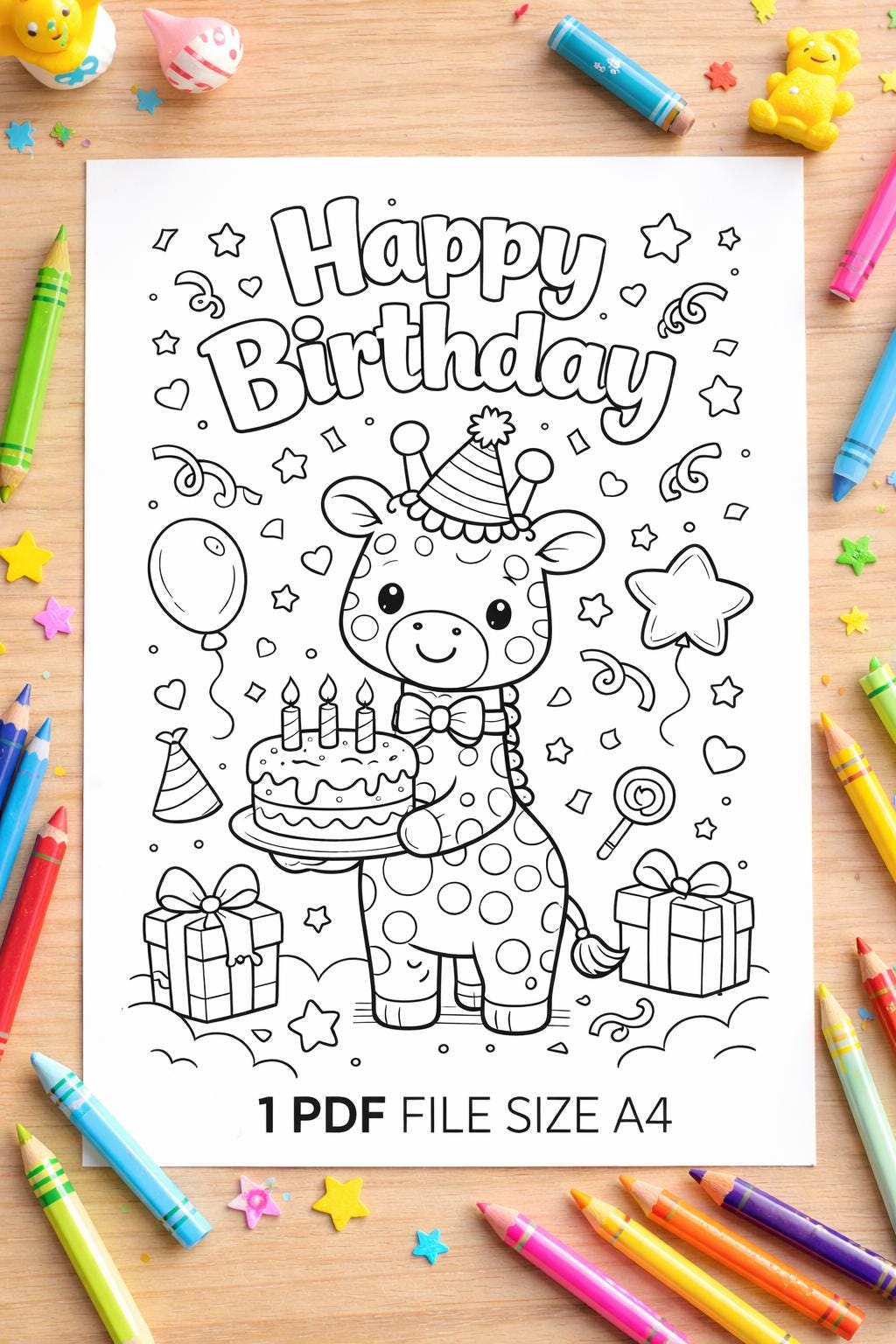 Birthday Coloring Page for Kids – Cute Giraffe, Happy Birthday Animal ...