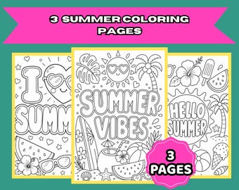 Pacchetto di disegni da colorare estivi per bambini / 3 fogli da colorare stampabili / Download immediato in PDF