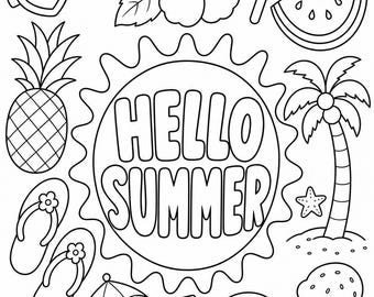 Ciao estate! Pagina da colorare / Disegno estivo da stampare per bambini / Divertimento in spiaggia e ai tropici in formato PDF