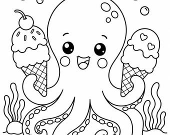 Simpatico disegno da colorare di un polpo con gelato per bambini / Foglio da colorare estivo stampabile / Download immediato in PDF