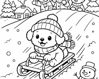 Winter Dog Coloring Page for Kids – Cute Puppy Sledding, Printable A4 PDF