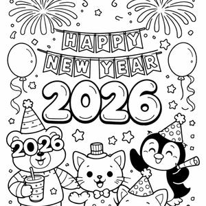 Página para colorear de Año Nuevo 2026 para niños: Animales adorables, Feliz Año Nuevo, PDF A4 imprimible