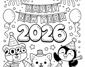 Pagina da colorare per bambini di Capodanno 2026 – Animali carini, Felice Anno Nuovo, PDF A4 stampabile