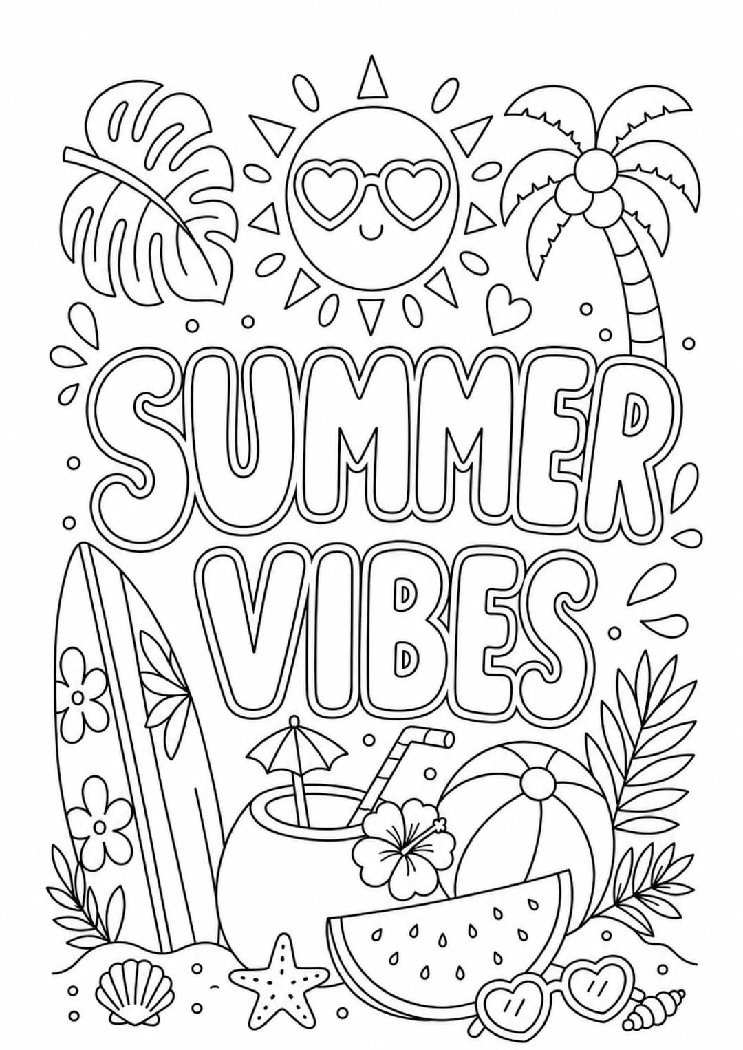 Summer Vibes Coloring Page | Tropical Beach Printable Coloring Sheet | Palm Tree, Surfboar