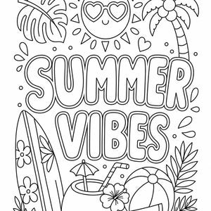 May include: Black and white illustration with the words "SUMMER VIBES". The image includes a sun wearing heart-shaped sunglasses, a palm tree, a surfboard, a coconut drink, a beach ball, and a watermelon slice.