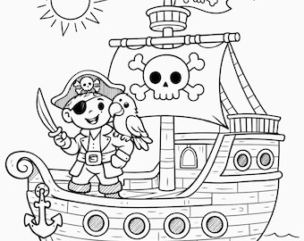 Pagina da colorare dei pirati per bambini / Divertente foglio da colorare di una nave pirata / PDF stampabile A4 / Attività per bambini / Download immediato