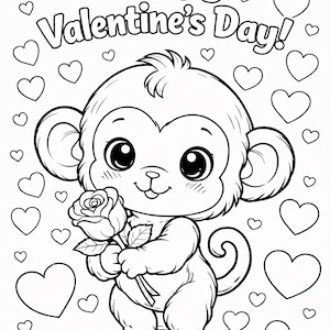 Valentine’s Day Coloring Page for Kids | Cute Monkey Coloring Sheet | Printable PDF A4 | Instant Download