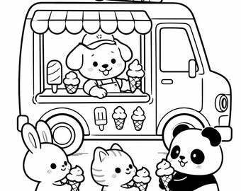 Disegno da colorare di un camioncino dei gelati Kawaii, simpatico disegno da colorare di animali per bambini, foglio da colorare stampabile per bambini piccoli, attività estiva in PDF