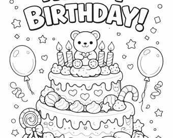 Birthday Cake Coloring Page | Cute Birthday Bear Coloring | Printable PDF A4 | Kids Birthday Activity