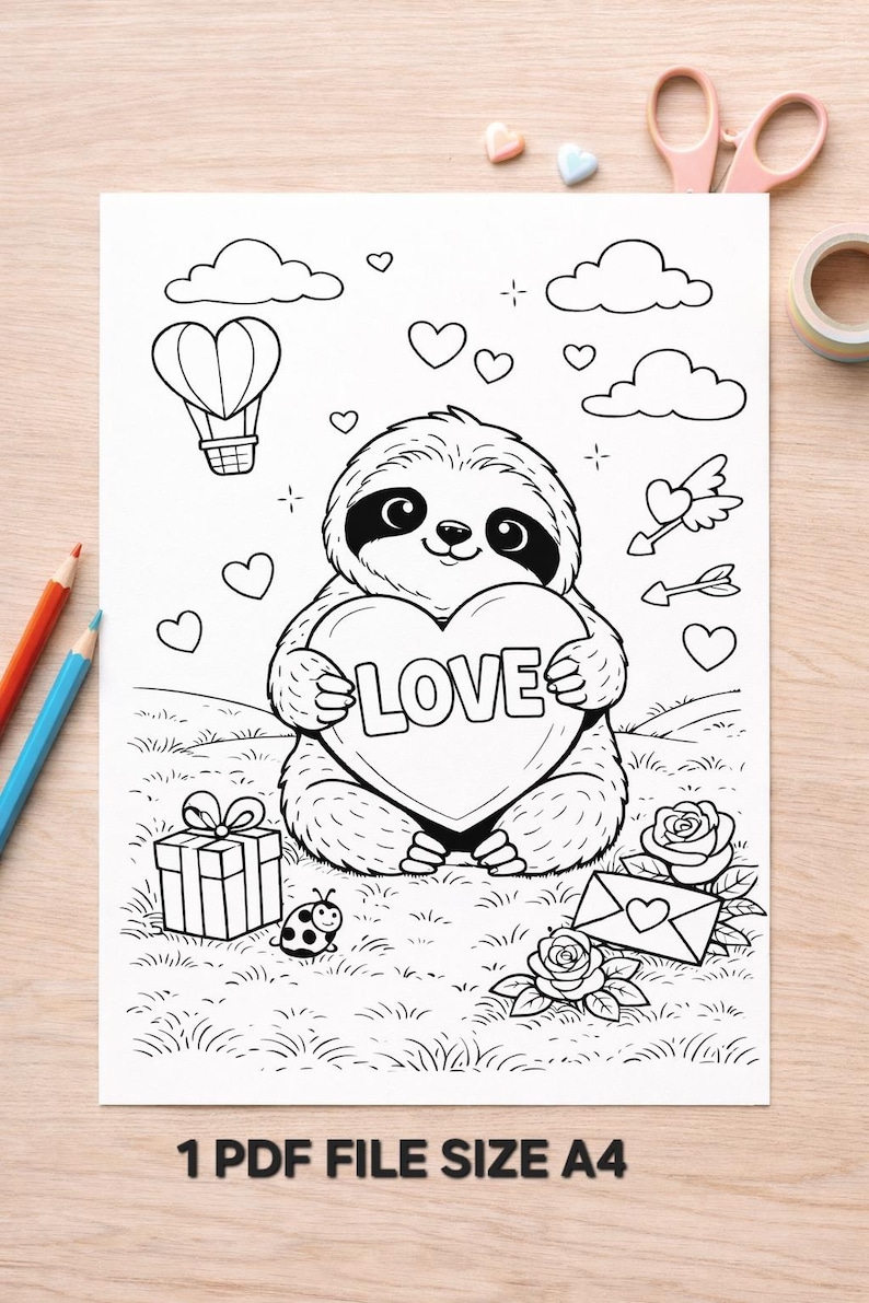 Valentine's Day Coloring Page for Kids | Cute Sloth Holding Heart ...