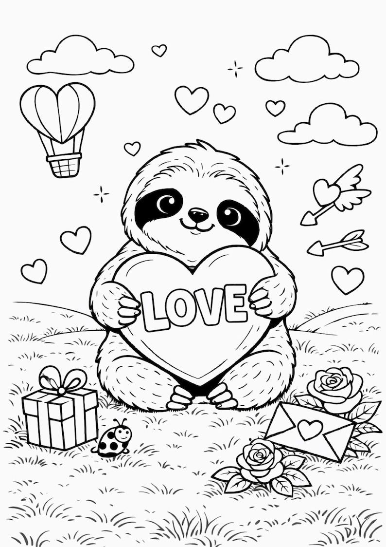 Valentine's Day Coloring Page for Kids | Cute Sloth Holding Heart ...