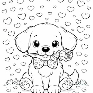 Valentine’s Day Coloring Page for Kids | Dog with Rose | Cute Valentine Printable PDF A4 | Instant Download