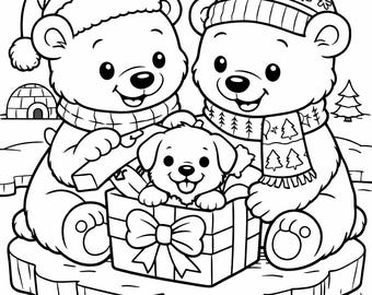 Polar Bear Christmas Coloring Page for Kids | Cute Winter Animals Printable | Christmas Coloring Sheet | Kids Holiday Activity | A4 PDF