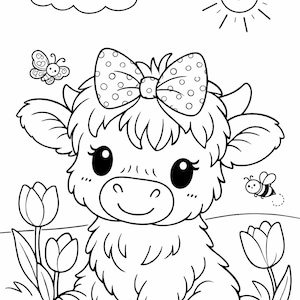 Página para colorear de una vaca de las Tierras Altas para niños / Imprimible de un lindo animal de granja / Hoja para colorear fácil para niños pequeños / Descarga instantánea en PDF