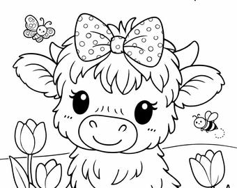 May include: A black and white line drawing of a cute cartoon cow with a polka dot bow, sitting in a field with flowers, a butterfly, a bee, a cloud, and a smiling sun.
