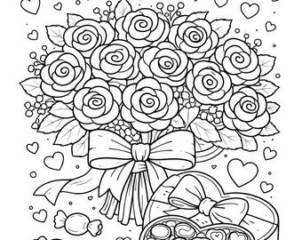 Pagina da colorare di San Valentino per bambini / Foglio da colorare di rose e cioccolato / San Valentino stampabile in formato PDF A4 / Download immediato