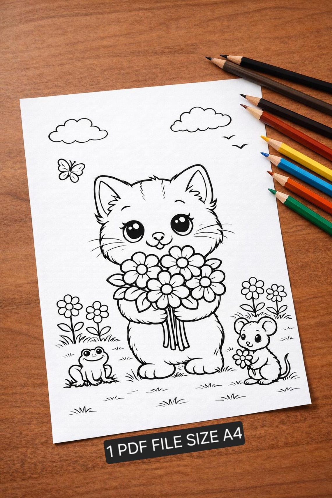 Cute Kitten Coloring Page – Kawaii Cat With Flowers, Summer Coloring ...