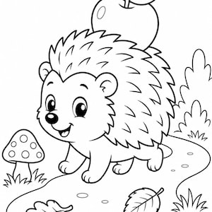 Puede incluir: Una ilustración en blanco y negro para colorear que muestra a un erizo sonriente caminando por un sendero. El erizo lleva una manzana en su espalda. La escena incluye un hongo con puntos, dos hojas caídas y pequeños arbustos al fondo.