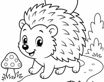 Disegno da colorare di un riccio per bambini / Simpatico disegno autunnale da stampare / Animale del bosco di mele in formato PDF / Download immediato