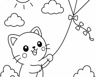 Kawaii Cat Coloring Page Printable PDF | Cute Kitten with Kite | Easy Kids Coloring Sheet | A4 Instant Download