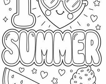 Adoro l'estate - Pagina da colorare / Foglio da colorare estivo stampabile / Anguria, gelato e occhiali da sole in formato PDF