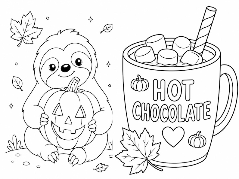 May include: A black and white coloring page illustration featuring a sloth holding a jack-o'-lantern pumpkin, surrounded by autumn leaves. Next to the sloth is a large mug filled with hot chocolate, marshmallows, and a straw, labeled HOT CHOCOLATE.