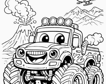 Pagina da colorare di Monster Truck, camion fuoristrada stampabile, pagina da colorare per bambini, download immediato