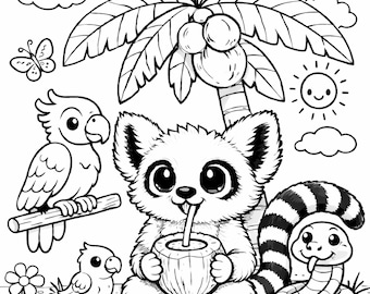 Simpatico disegno da colorare di un lemure per bambini, animale della giungla stampabile, foglio da colorare tropicale, attività per bambini piccoli, pagina da colorare per la scuola materna in formato A4 PDF