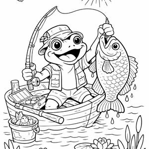 Puede incluir: Ilustración en blanco y negro de una rana pescando en un bote. La rana, con sombrero y chaleco, sostiene una caña de pescar y un pez grande. Un pájaro vuela por encima y el sol brilla sobre el agua. Un cubo y una caja de aparejos están en el bote.
