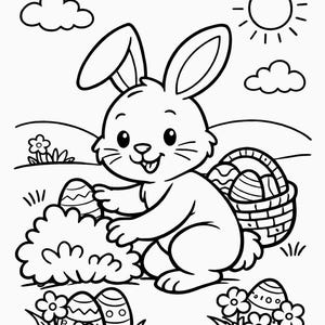 May include: Black and white illustration of an Easter bunny with a basket of decorated eggs. The bunny is smiling and holding an egg near a bush. The scene includes clouds, flowers, and a sun.