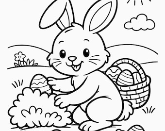 Easter Bunny Coloring Page for Kids – Printable Easter Coloring Sheet, Cute Rabbit with Eggs, A4 PDF
