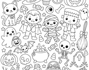 Halloween Coloring Page for Kids, Cute Halloween Printable Activity, Spooky Characters Coloring Sheet, A4 PDF