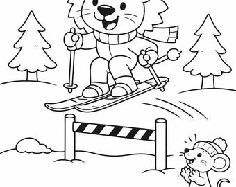 Lion Coloring Page – Cute Lion Skiing, Winter Animals Coloring Page for Kids, Printable PDF
