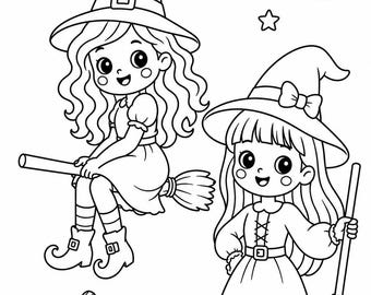 Halloween Coloring Page, Cute Witch Coloring Page for Kids, Witches and Pumpkin Printable PDF