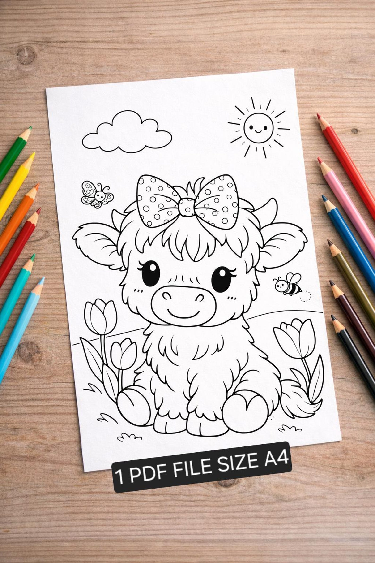 Highland Cow Coloring Page for Kids | Cute Farm Animal Printable | Easy ...