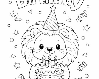 Birthday Coloring Page – Happy Birthday Animal Printable, Lion Toddler Coloring Sheet, Party Activity, Instant Download