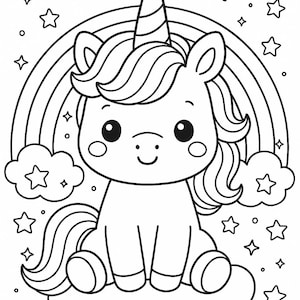 May include: Black and white line art illustration of a cartoon unicorn sitting on a cloud, with a rainbow and stars in the background. The unicorn has a spiral horn and flowing mane and tail.