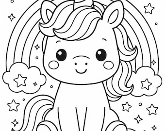 Unicorn Coloring Page - Rainbow, Stars, Clouds (A4 PDF)