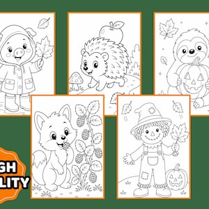 May include: A set of five black and white coloring pages featuring a pig in a raincoat, a hedgehog with an apple, a sloth holding a jack-o'-lantern, a fox eating berries, and a scarecrow with a pumpkin. The text HIGH QUALITY is in the corner.