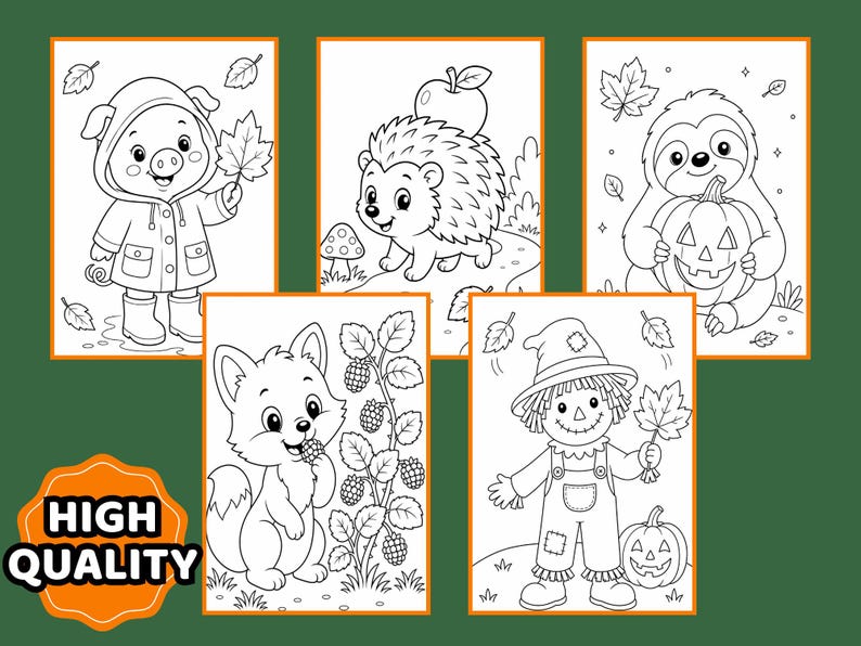 May include: A set of five black and white coloring pages featuring a pig in a raincoat, a hedgehog with an apple, a sloth holding a jack-o'-lantern, a fox eating berries, and a scarecrow with a pumpkin. The text HIGH QUALITY is in the corner.