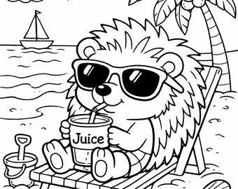 Pagina da colorare estiva con riccio stampabile / Foglio da colorare sulla spiaggia per bambini / Scarica PDF A4
