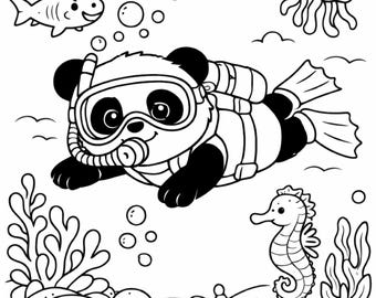 Simpatico disegno di panda da colorare per bambini, animale marino da stampare, disegno di panda subacqueo da colorare, attività sotto il mare, per bambini in età prescolare e piccoli (formato A4)