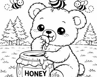 Bear Coloring Page for Kids | Teddy Bear with Honey Bees | Printable Animal Coloring Sheet | A4 PDF