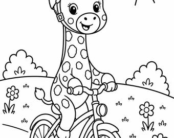 Giraffe Coloring Page Printable | Cute Animal Bike Coloring Page for Kids & Toddlers | Preschool Activity | A4 PDF Instant Download