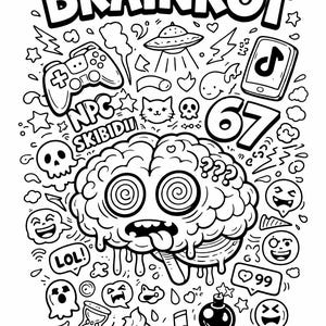 Peut inclure: Dessin au trait noir et blanc avec le mot "BRAINROT" au-dessus d'un cerveau aux yeux en spirale, entouré d'icônes de jeux et de médias sociaux, dont une manette, un téléphone et des bulles.