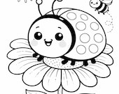 Cute Ladybug Coloring Page for Kids – Kawaii Spring Garden Printable A4 PDF, Easy Preschool Activity