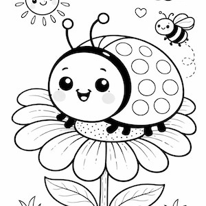 May include: Black and white illustration of a smiling ladybug with a dotted shell, perched on a large daisy. A smiling sun, a bee, a cloud, and a heart are also depicted in this cheerful, cartoon-style image.
