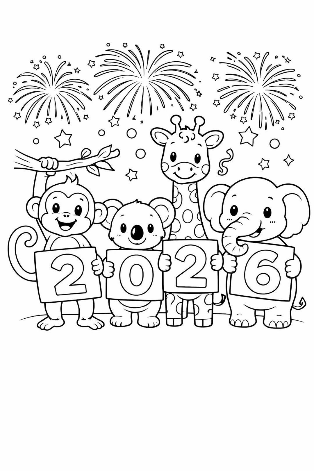 New Year 2026 Coloring Page for Kids – Cute Animals Celebration