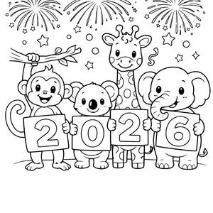 Página para colorear de Año Nuevo 2026 para niños: Animales lindos para celebrar e imprimir